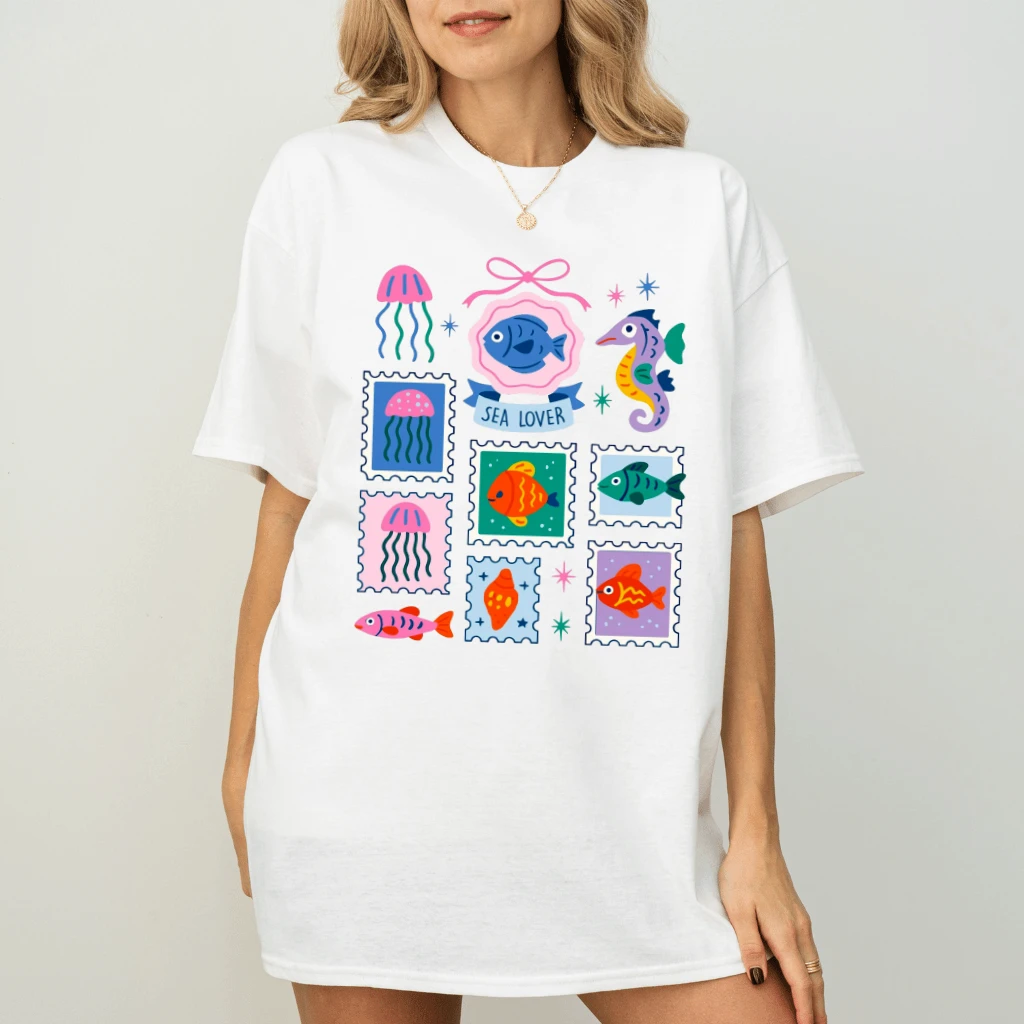 Preppy Jellyfish Beach Fish Stamps T-shirt| Cute Sea Lover Gift for Her - back view