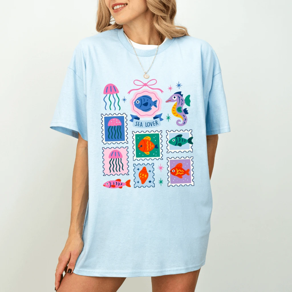 Preppy Jellyfish Beach Fish Stamps T-shirt| Cute Sea Lover Gift for Her - detail view