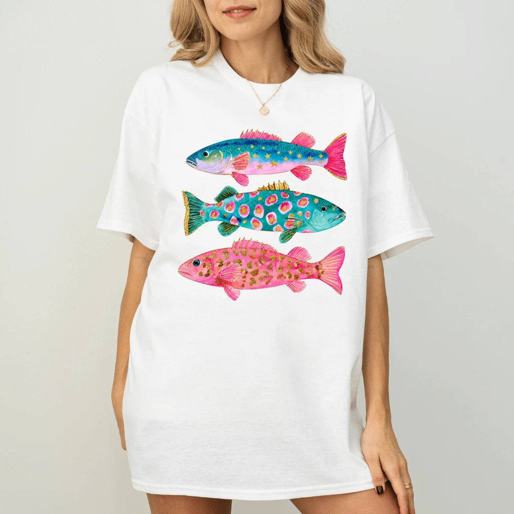 Summer Boho Fish T-shirt| Retro Graphic Ocean Life Shirt for women - back view