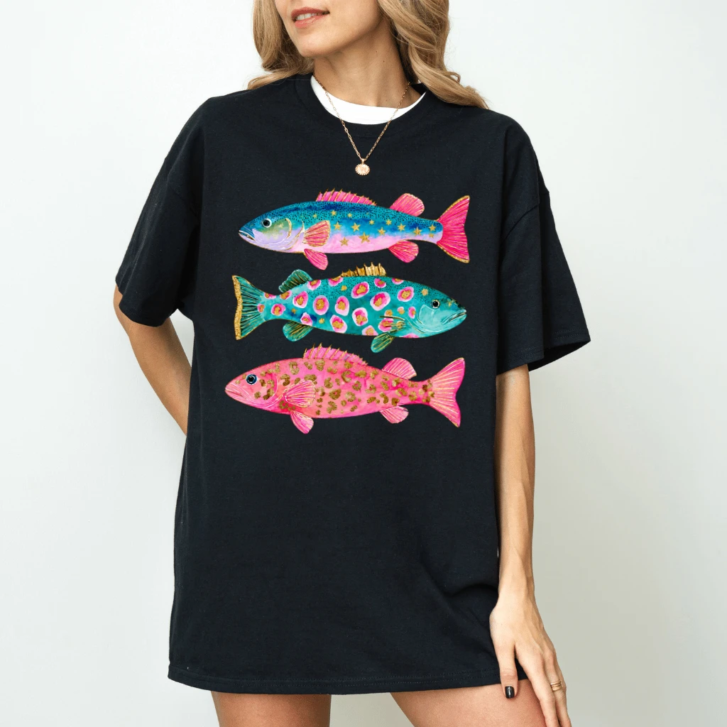 Summer Boho Fish T-shirt| Retro Graphic Ocean Life Shirt for women - detail view