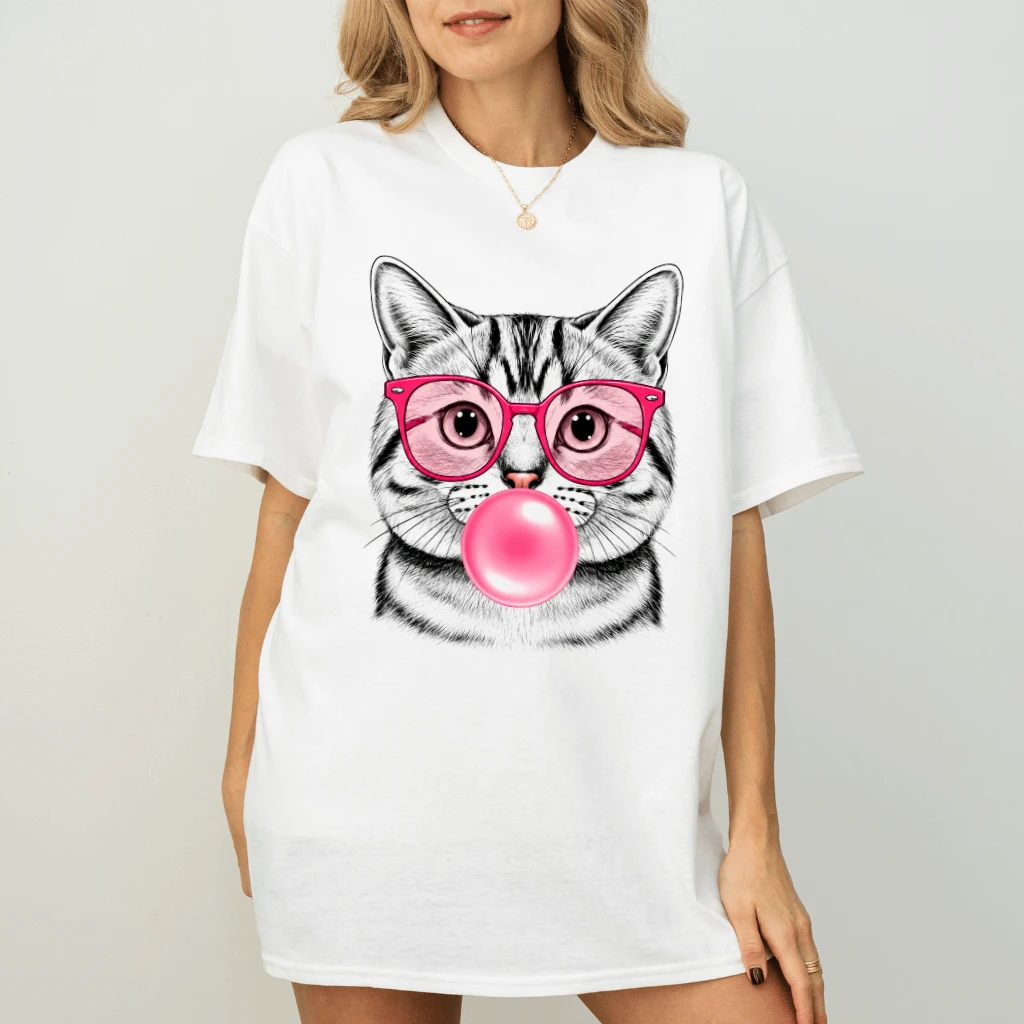 Retro 80s 90s Bubble Gum Cat T-Shirt| Cute Cat Meme Mental Health Gift for Cat Lover - back view