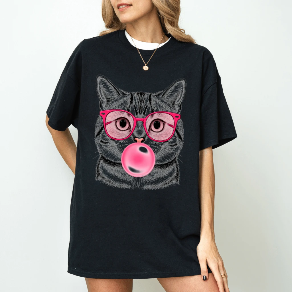 Retro 80s 90s Bubble Gum Cat T-Shirt| Cute Cat Meme Mental Health Gift for Cat Lover - detail view