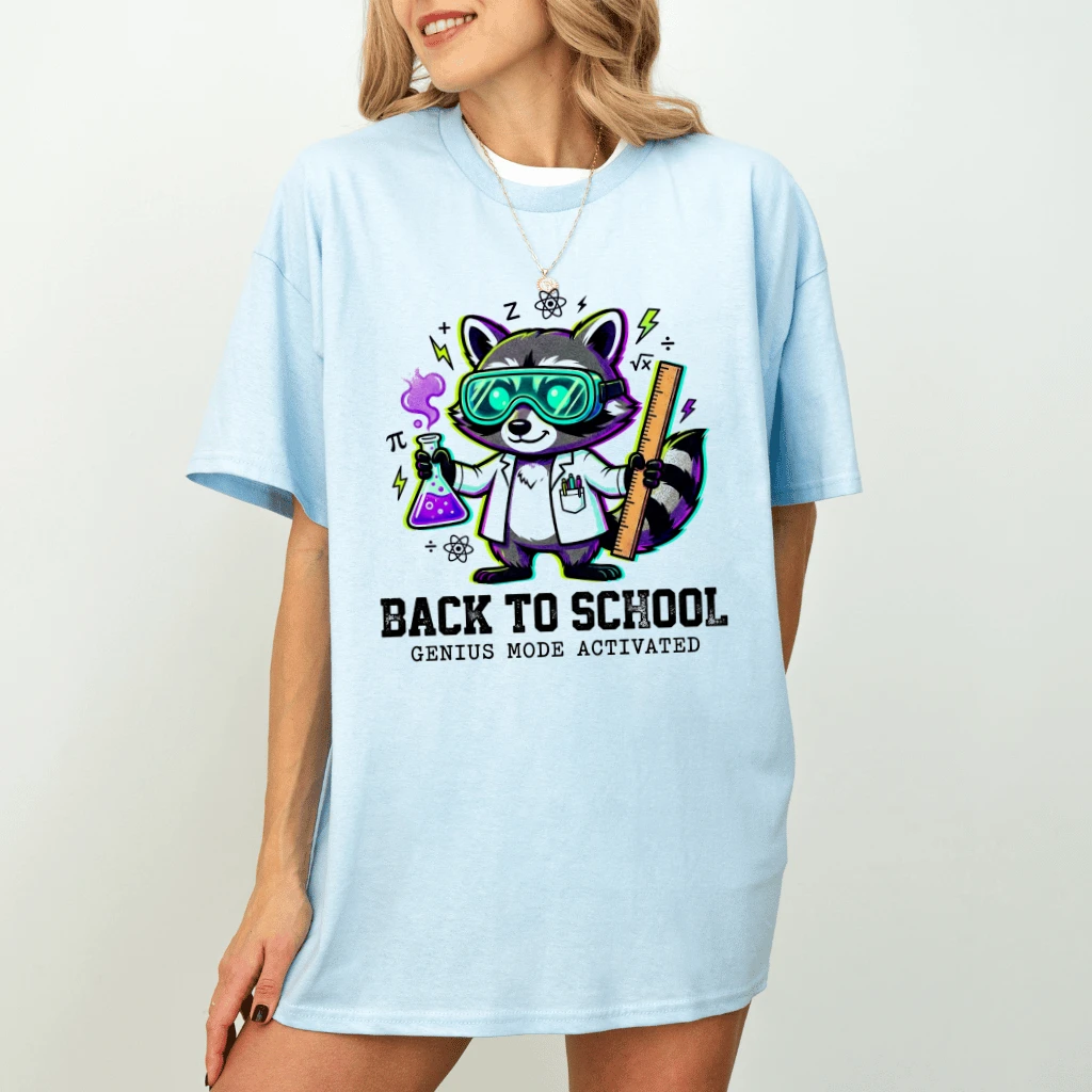 Back To School Genius Mode Activated Raccoon T-shirt| STEM Science Student Teacher Gift for Him & Her - detail view