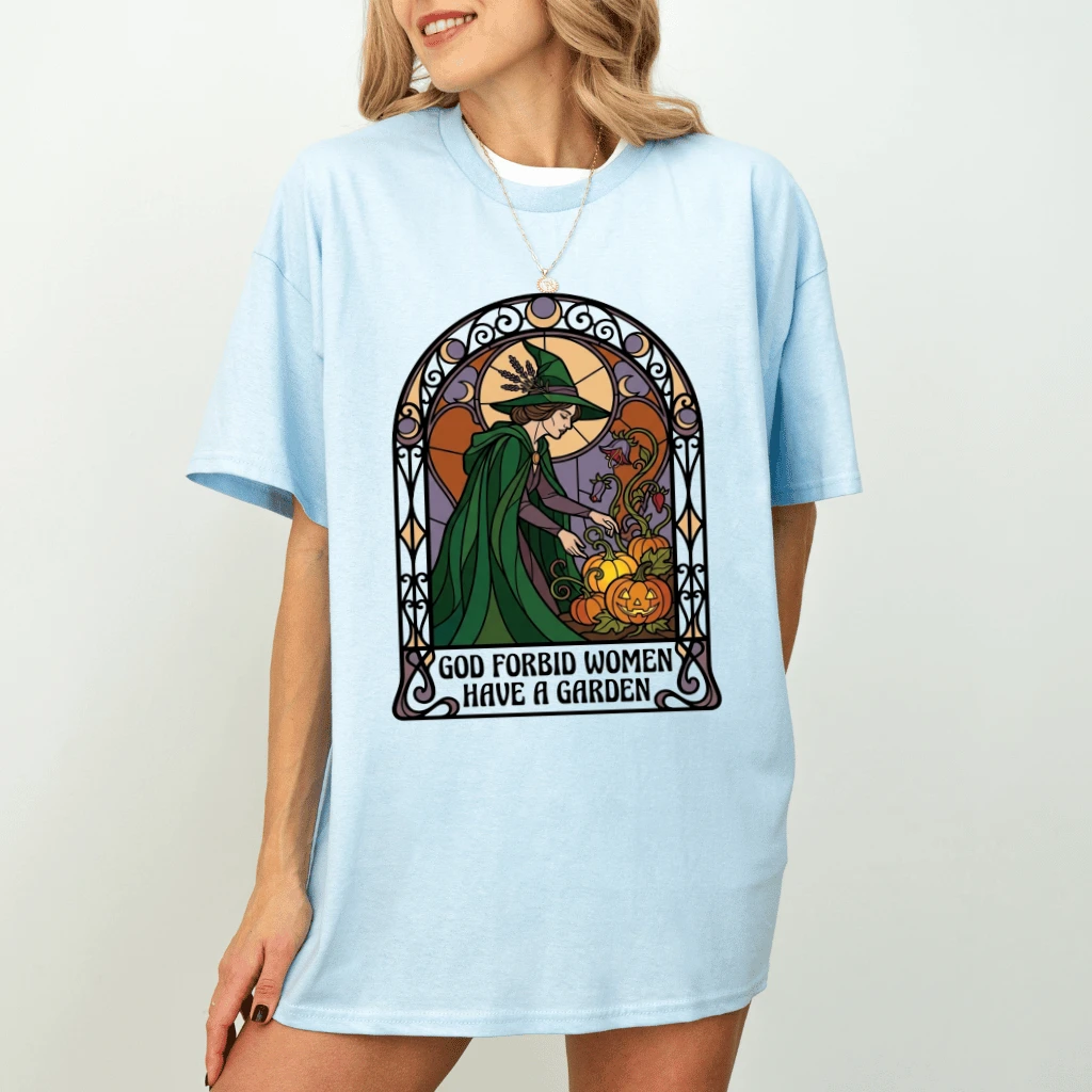 God Forbid Women Have A Garden Halloween Witch T-shirt| Magic Halloween Gift for Her - detail view