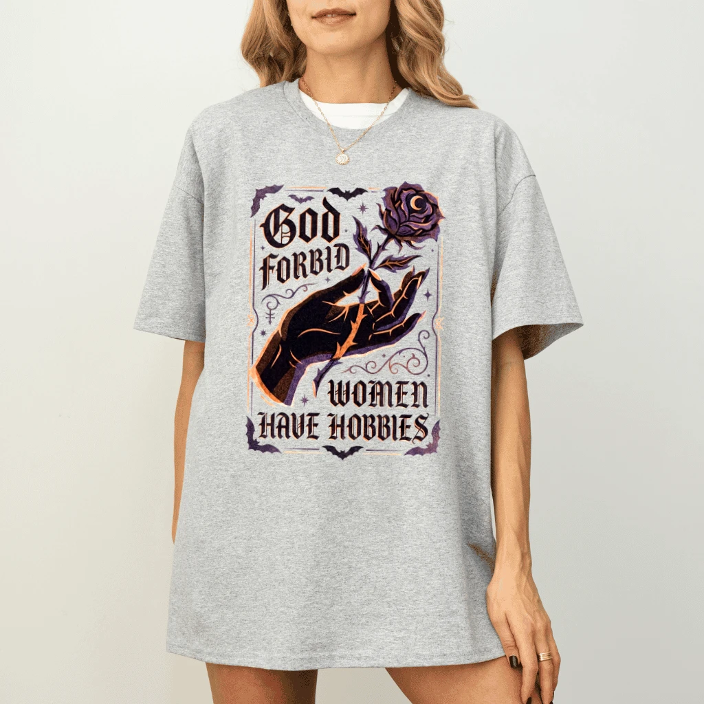 God Forbid Women Have Hobbies Gothic Halloween T-shirt| Halloween Witches Gift for Her - detail view