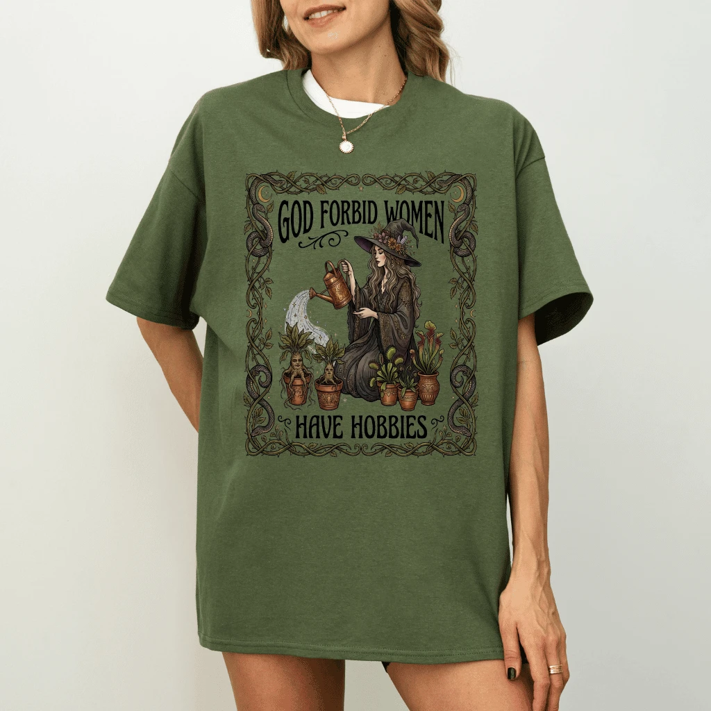 God Forbid Women Have Hobbies Funny Witchy Feminist T-shirt| Spooky Season Gift for Witch Lovers - detail view