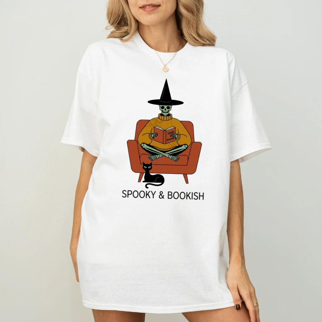 Spooky & Bookish Halloween Skeleton T-shirt| Funny Skeleton with Black Cat Halloween Gift for men & women - back view