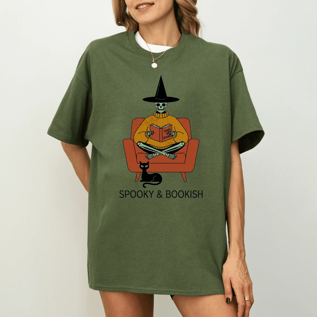 Spooky & Bookish Halloween Skeleton T-shirt| Funny Skeleton with Black Cat Halloween Gift for men & women - detail view