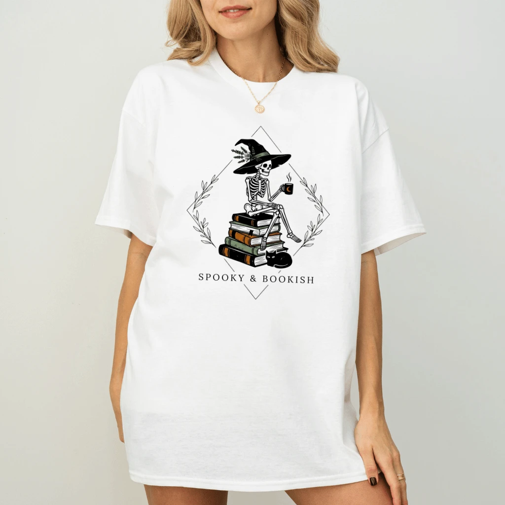 Spooky & Bookish Halloween Skeleton Witch T-shirt| Funny Halloween Gift for Bookish Lovers - back view