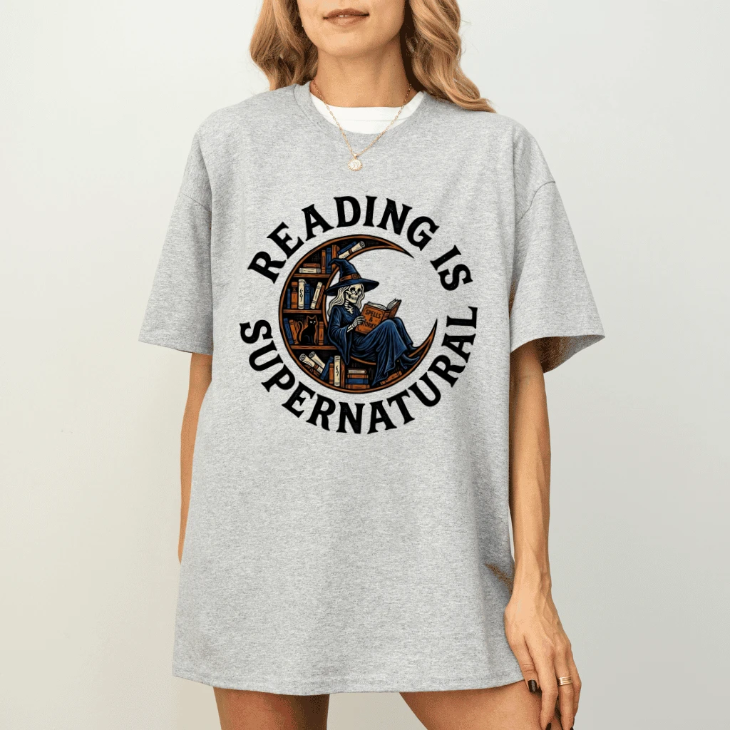 Reading Is Supernatural Funny Halloween Witch T-shirt| Spooky Bookish Halloween Gift for Readers - detail view