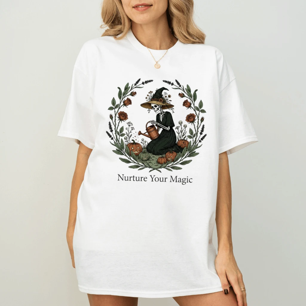 Nuture Your Magic Funny Halloween Witch's Garden T-shirt| Gardening Halloween Gift for women - back view