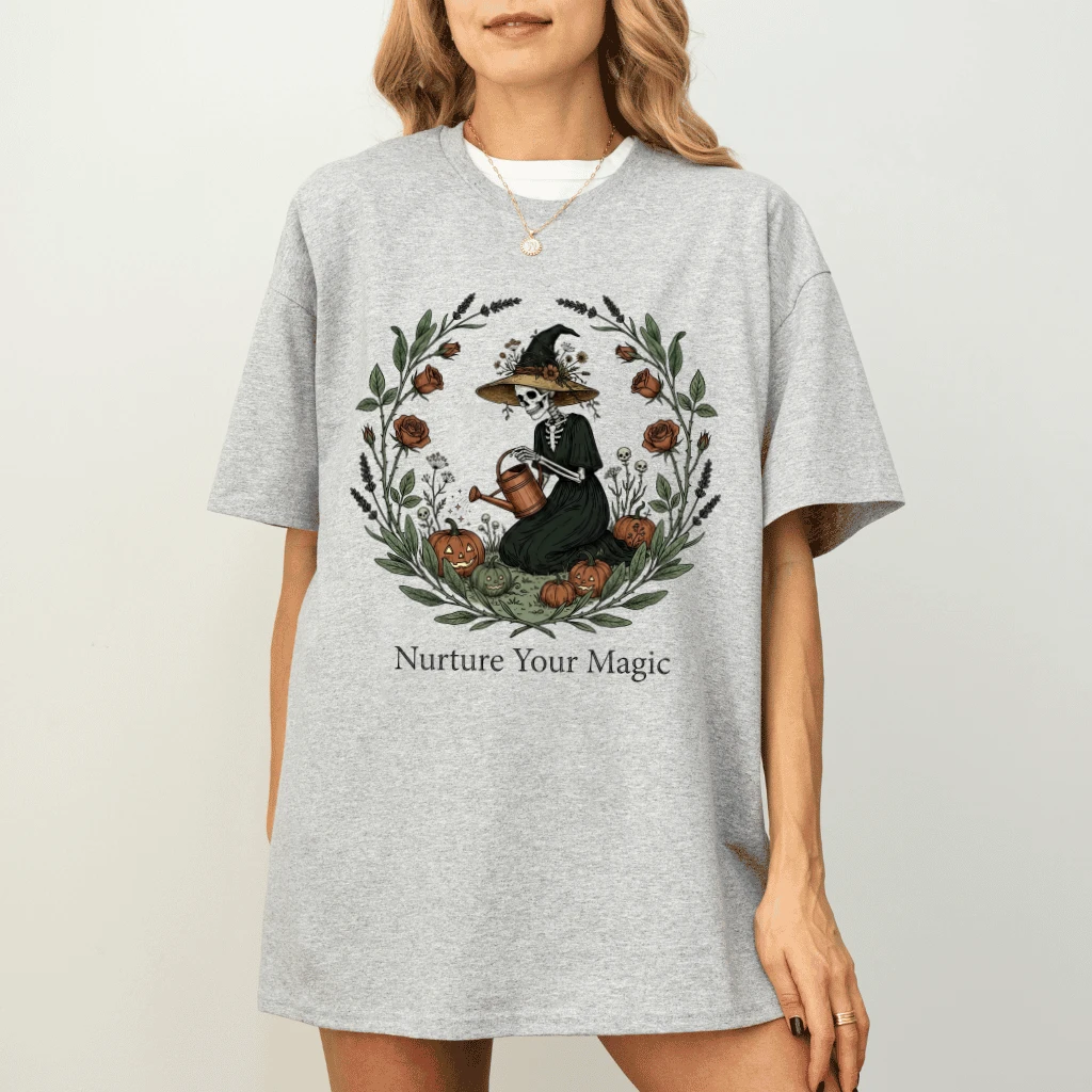 Nuture Your Magic Funny Halloween Witch's Garden T-shirt| Gardening Halloween Gift for women - detail view