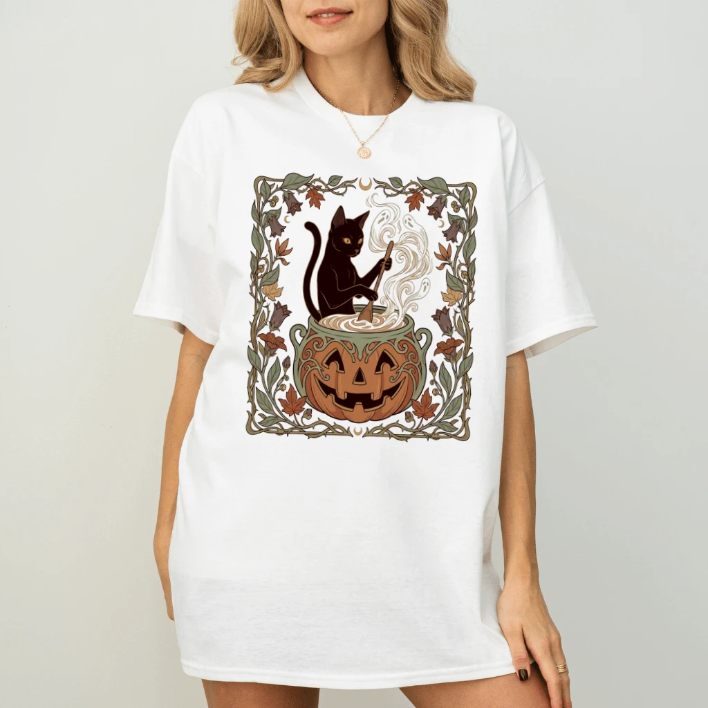 Black Cat Pumpkin Cauldron T-shirt| Witch Cat Halloween Gift for women - back view