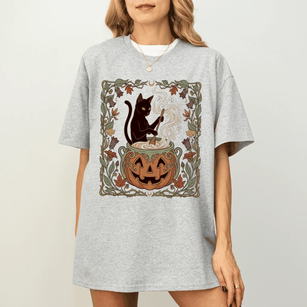 Black Cat Pumpkin Cauldron T-shirt| Witch Cat Halloween Gift for women - detail view