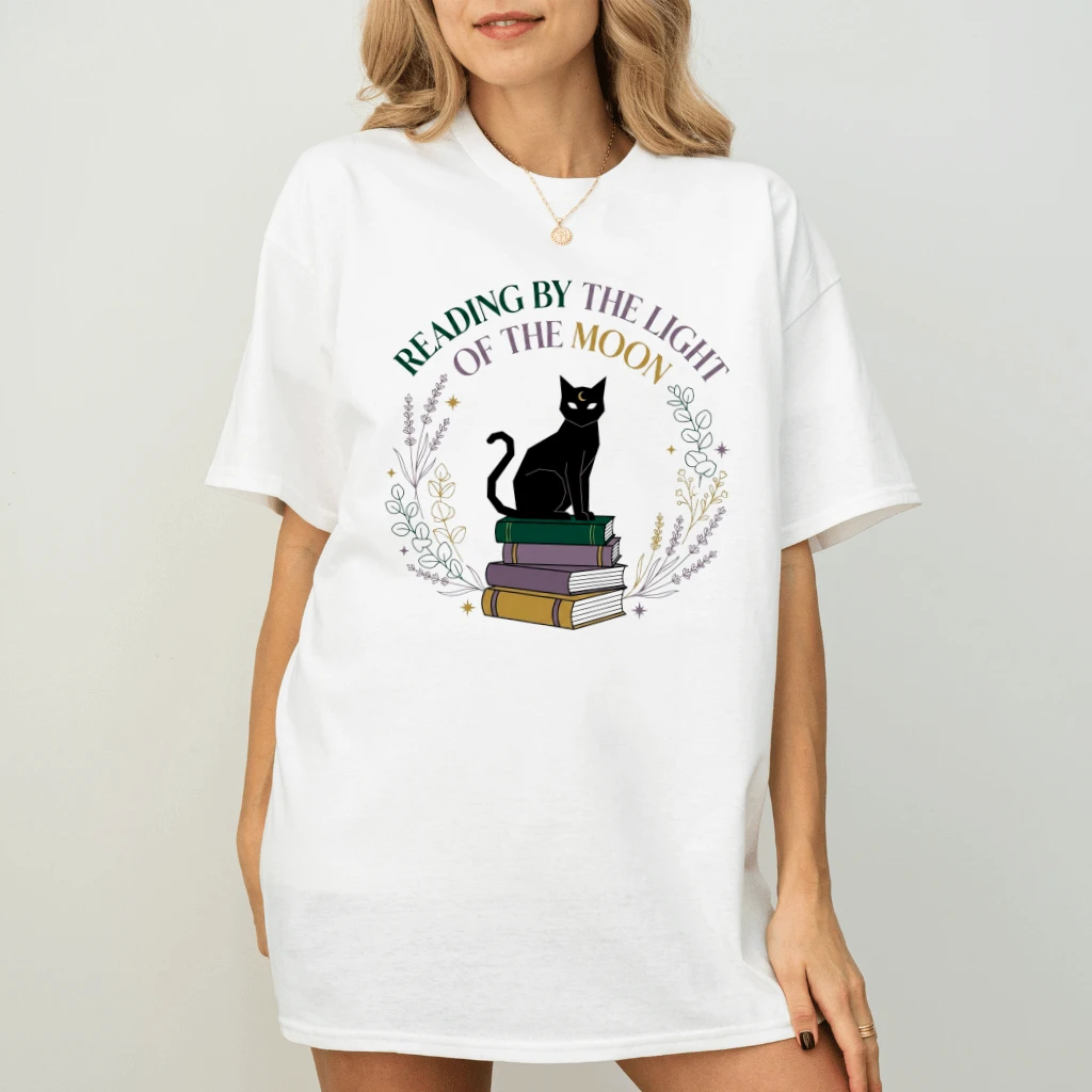 Reading By The Light Of The Moon Black Cat Halloween T-shirt| Funny Halloween Gift for Black Cat Lovers - back view