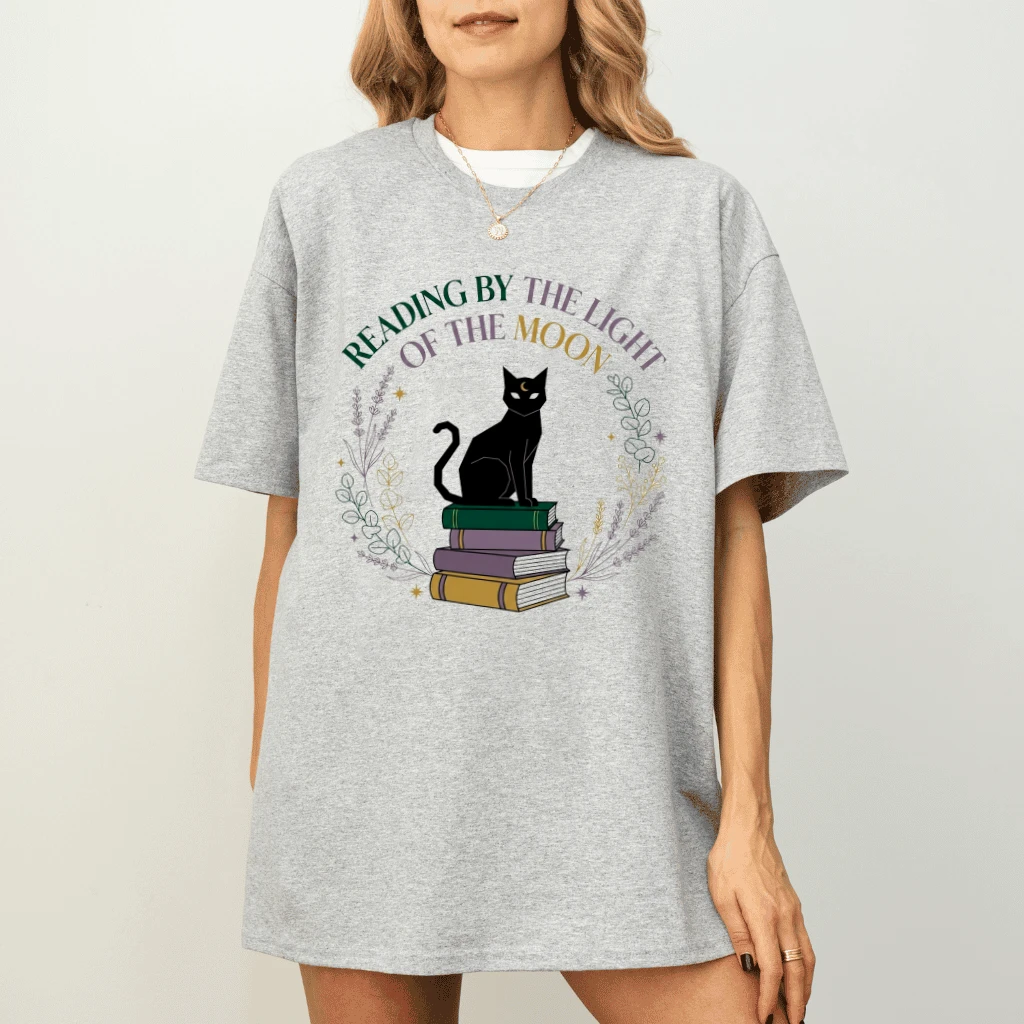 Reading By The Light Of The Moon Black Cat Halloween T-shirt| Funny Halloween Gift for Black Cat Lovers - detail view