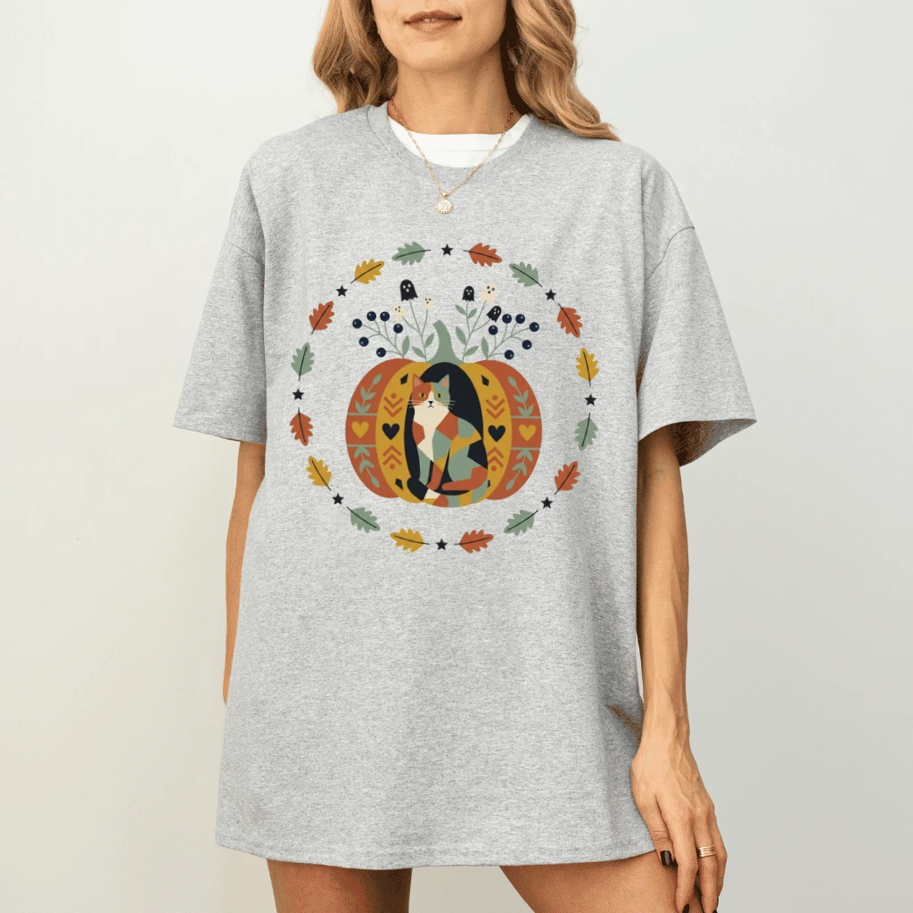 Halloween Pumpkin Cat T-shirt| Cute Fall Season Gift for Cat Lover - detail view
