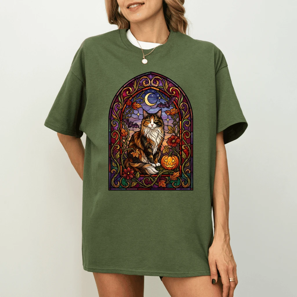Stained Glass Halloween Cat T-shirt| Gothic Halloween Witchy Cat Gift for women - back view