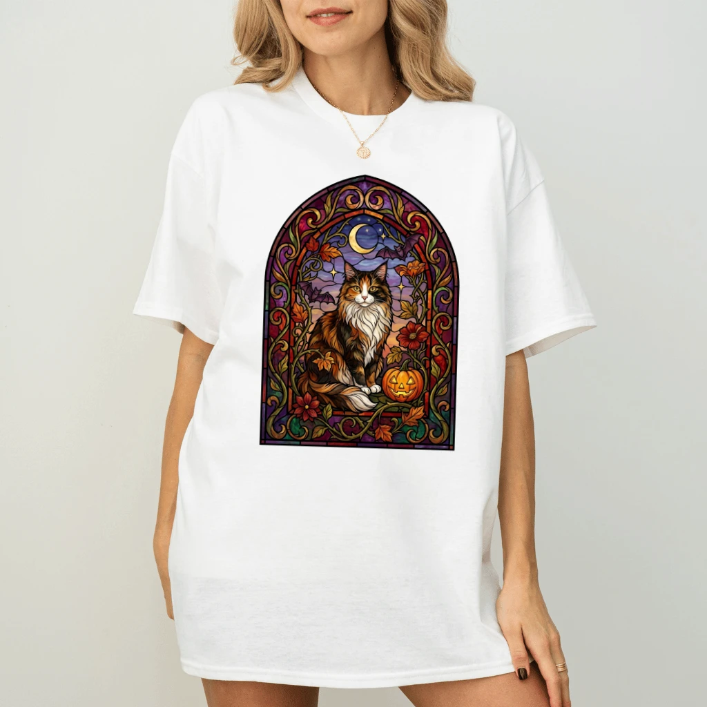 Stained Glass Halloween Cat T-shirt| Gothic Halloween Witchy Cat Gift for women - detail view