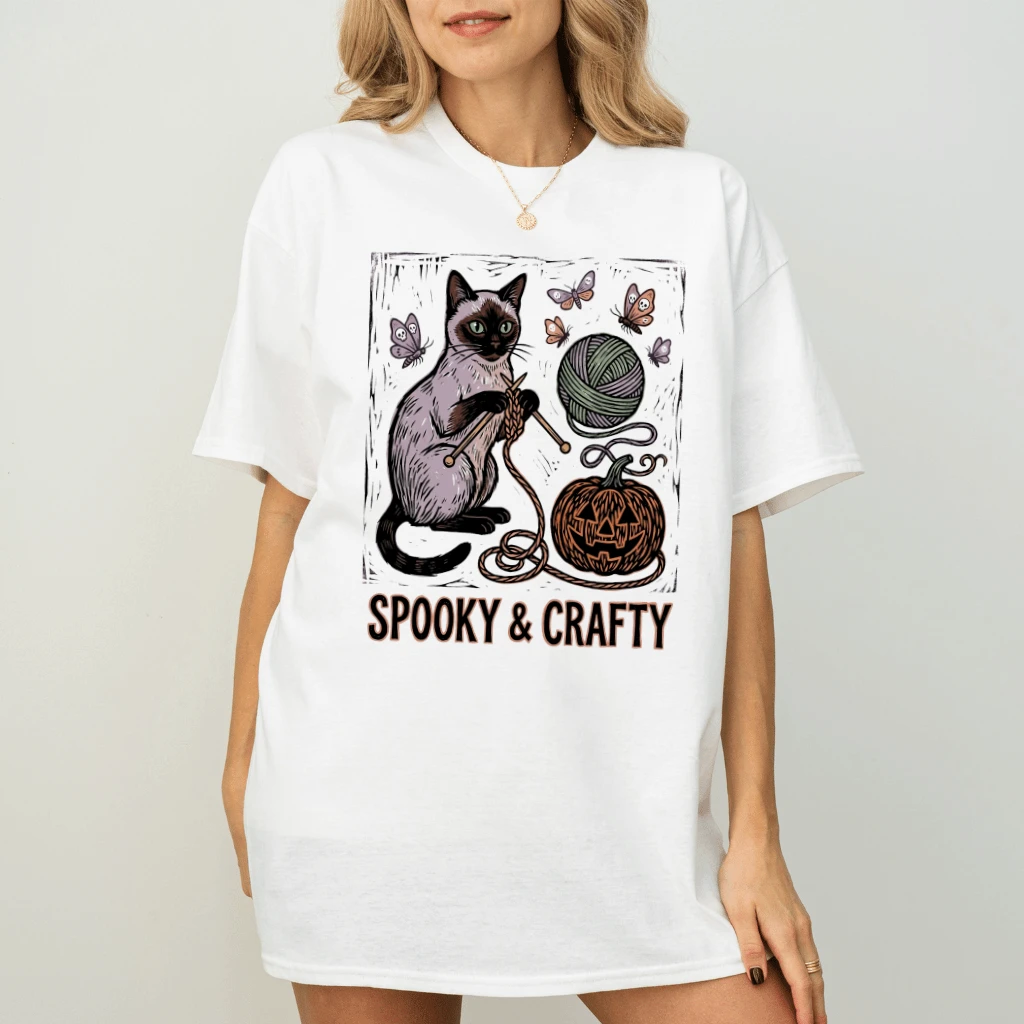 Spooky & Crafty Cat T-shirt| Funny Knitting Cat Halloween Gift for Crochet Lover - back view