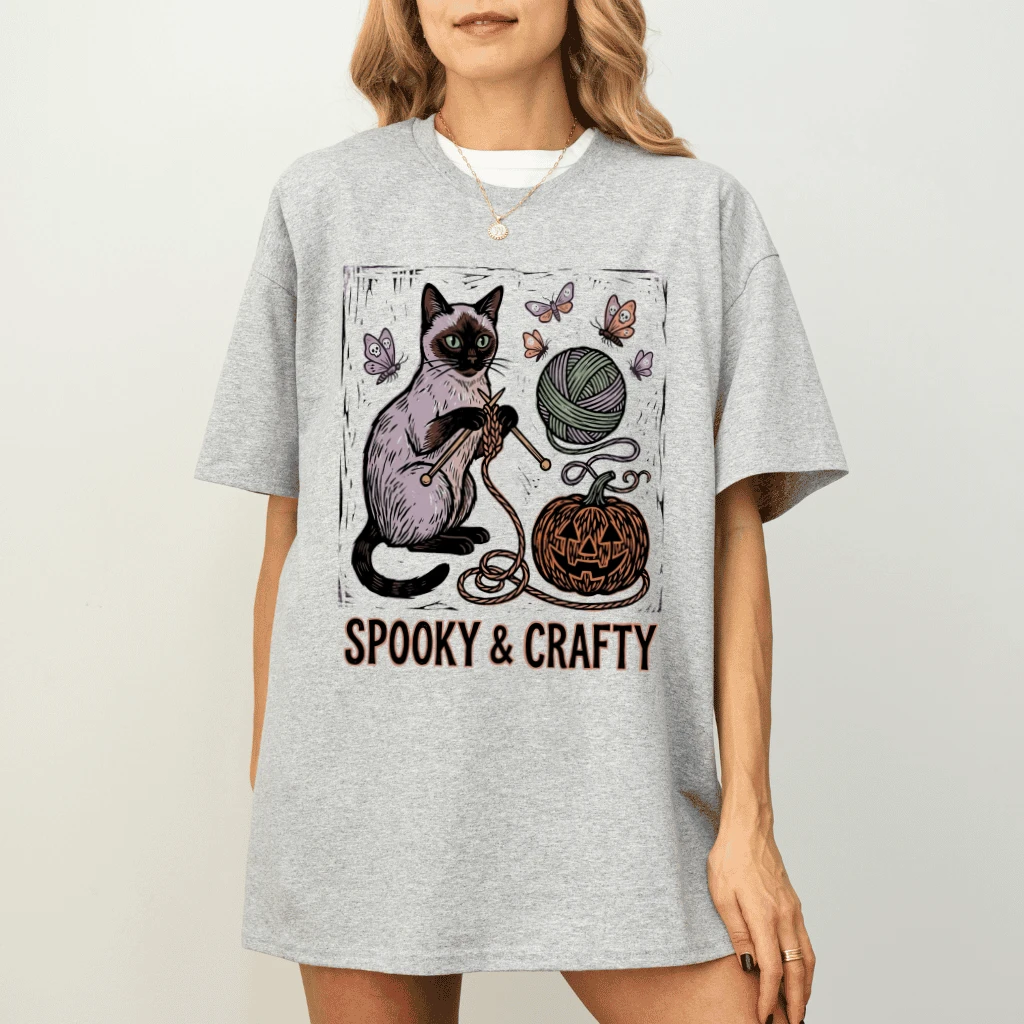 Spooky & Crafty Cat T-shirt| Funny Knitting Cat Halloween Gift for Crochet Lover - detail view