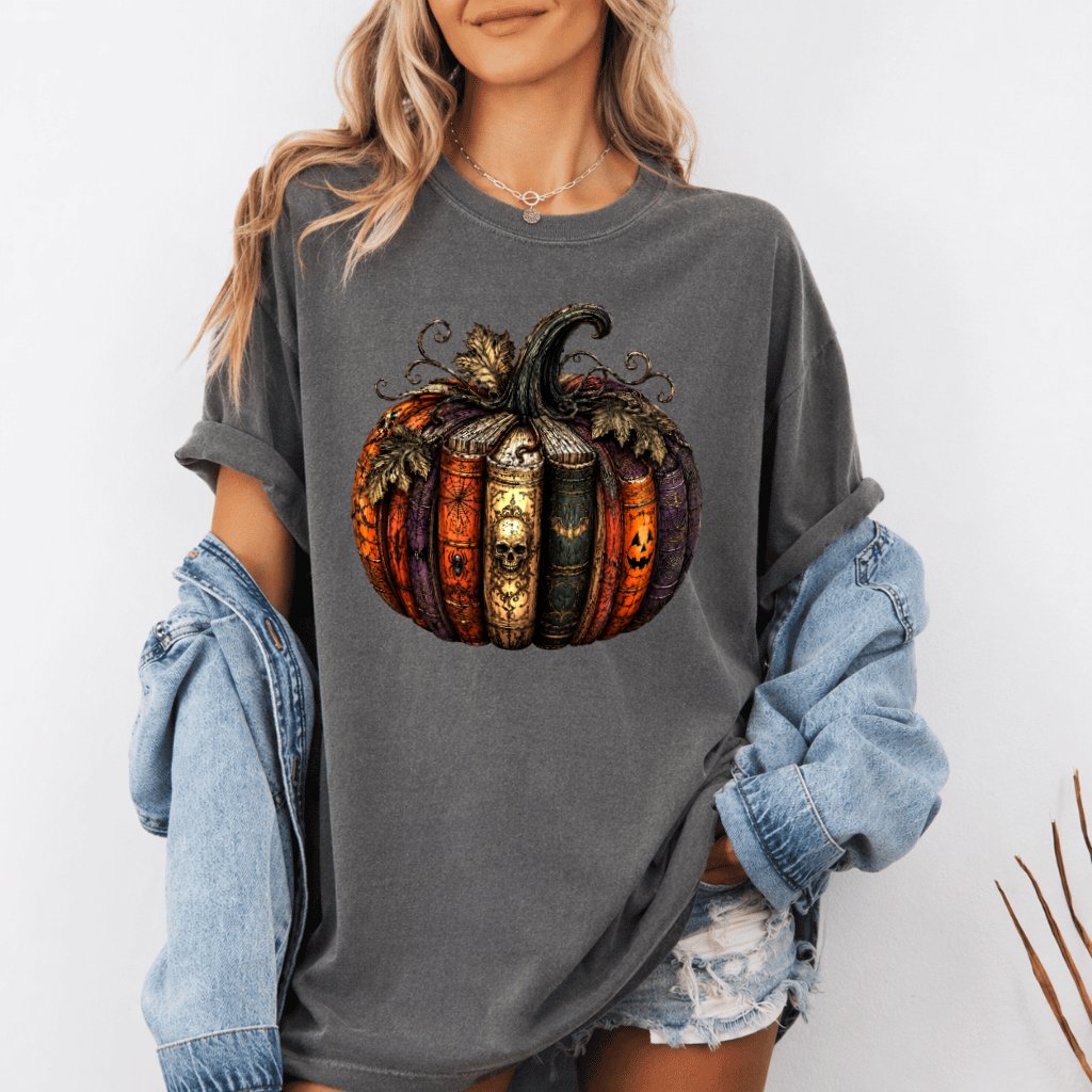 Comfort Colors Whimsical Bookish Halloween Pumpkin Shirt| Book Lover Fall Gift for women - back view