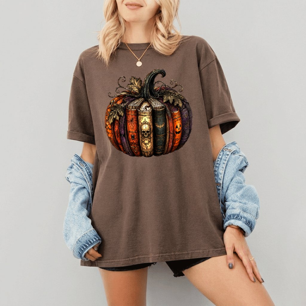 Comfort Colors Whimsical Bookish Halloween Pumpkin Shirt| Book Lover Fall Gift for women - detail view