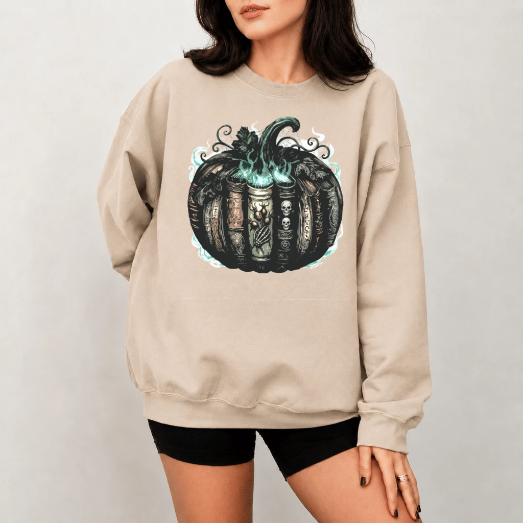 Whimsical Bookish Spooky Halloween Pumpkin Sweatshirt| Spooky Season Gift for Book Lovers - back view