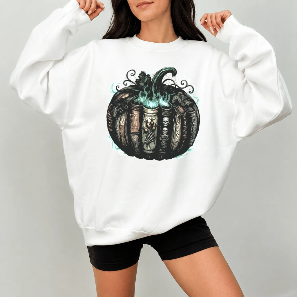 Whimsical Bookish Spooky Halloween Pumpkin Sweatshirt| Spooky Season Gift for Book Lovers - detail view