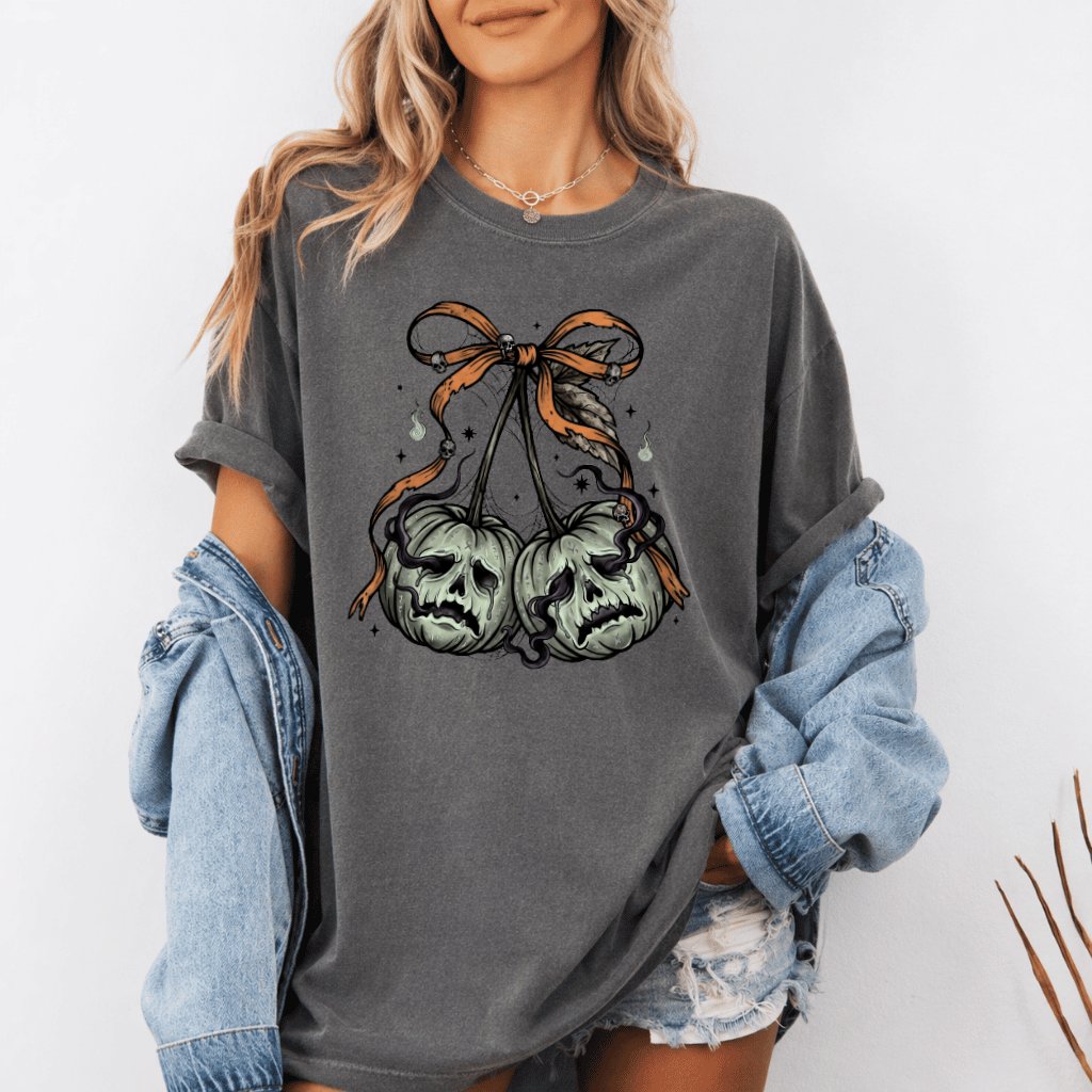 Comfort Colors Autumn Girly Spooky Halloween Pumpkin Cherries Shirt| Spooky Season Gift for Halloween Party - back view