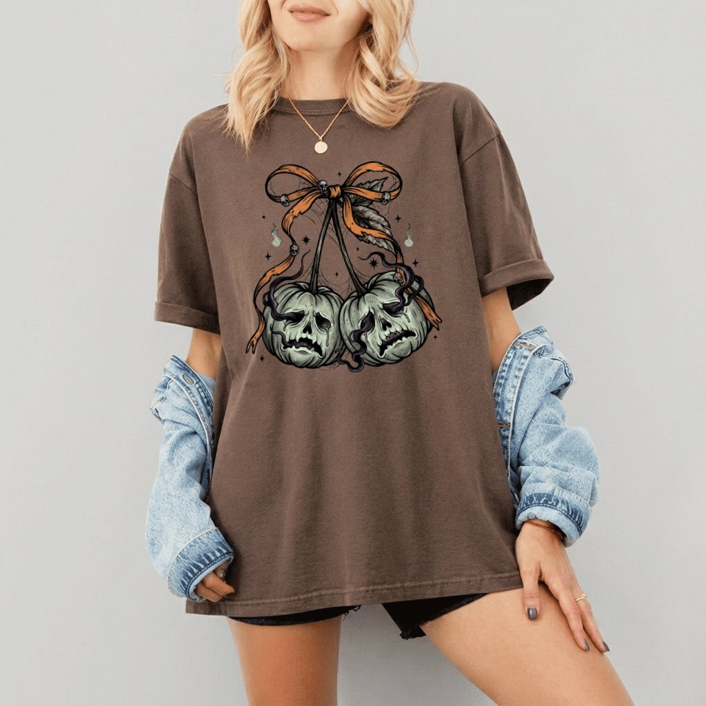 Comfort Colors Autumn Girly Spooky Halloween Pumpkin Cherries Shirt| Spooky Season Gift for Halloween Party - detail view