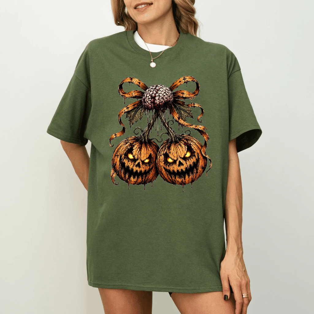 Vintage Scary Pumpkin Cherries Halloween Jackolarnten T-shirt| Spooky Halloween Gift for Her - back view