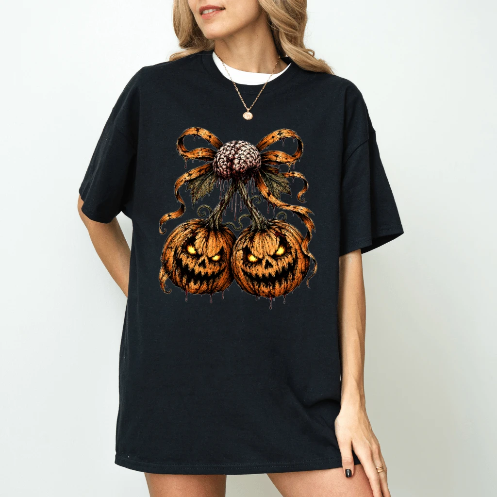 Vintage Scary Pumpkin Cherries Halloween Jackolarnten T-shirt| Spooky Halloween Gift for Her - detail view