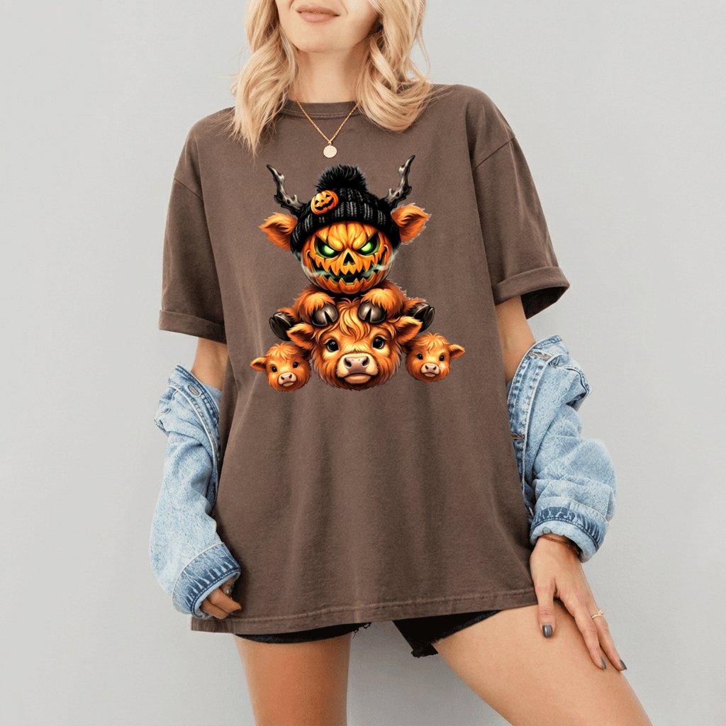 Comfort Colors Scary Jack-o-lantern Halloween Highland Cow Shirt| Spooky Halloween Gift for Cow Lovers - back view