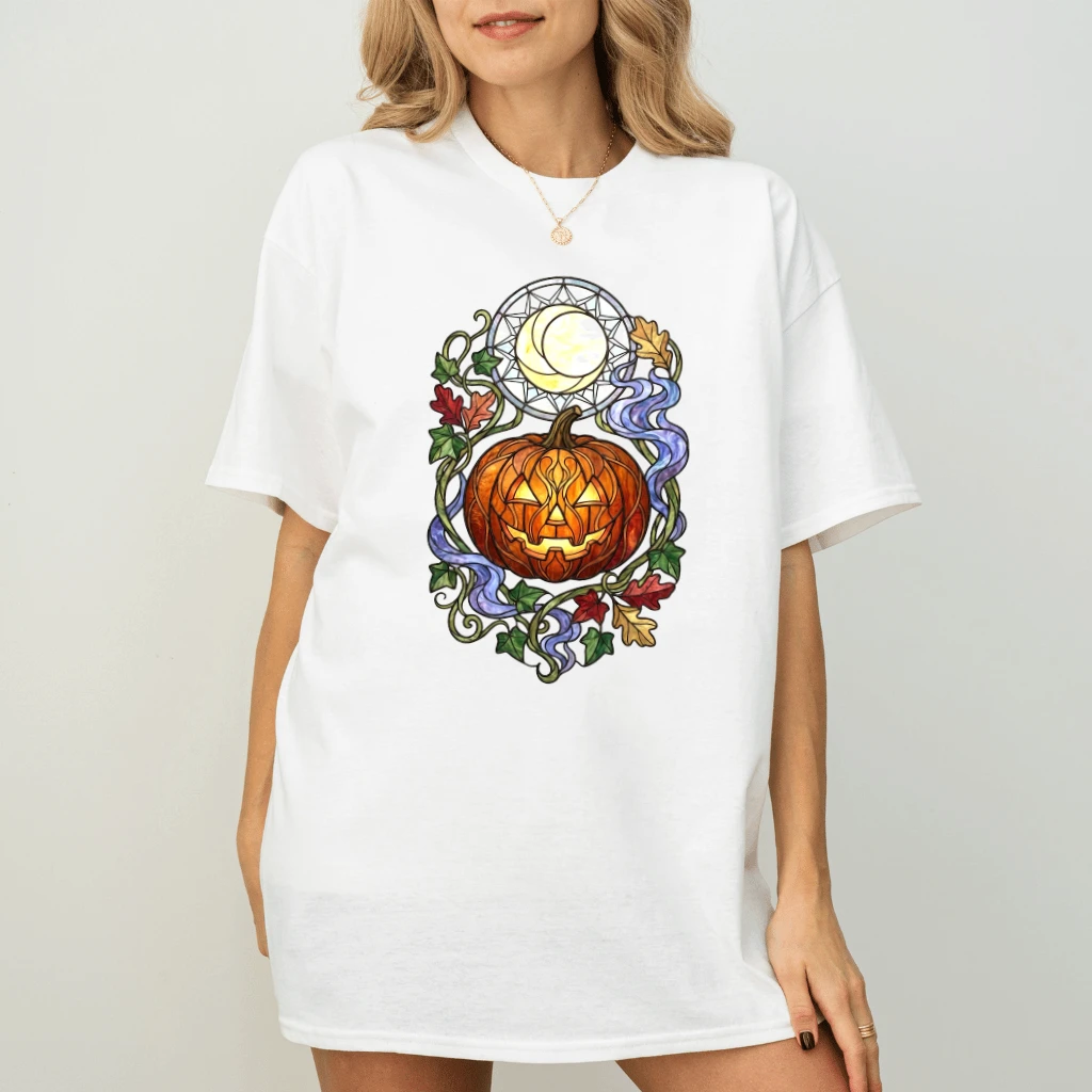 Stained Glass Jack O Lantern Halloween Pumpkin T-shirt| Gothic Halloween Gift for Her - back view