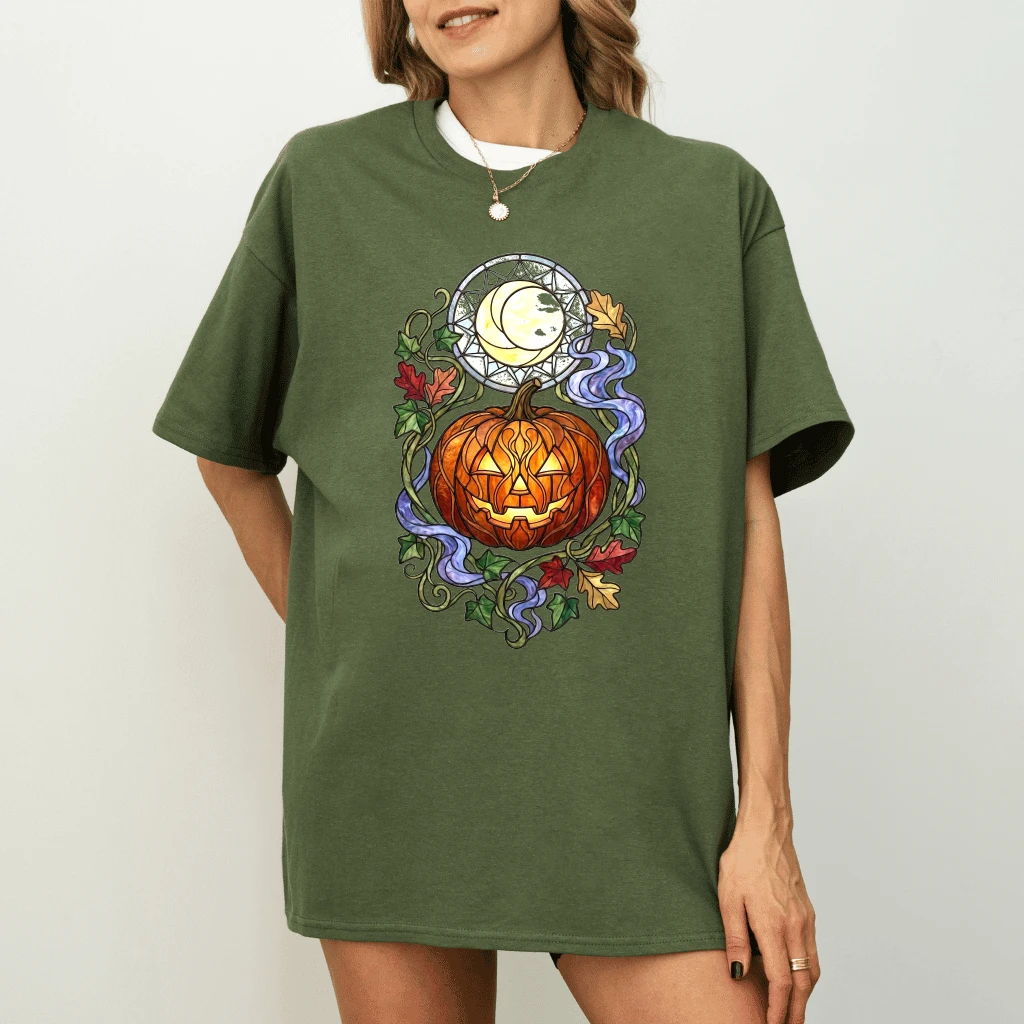 Stained Glass Jack O Lantern Halloween Pumpkin T-shirt| Gothic Halloween Gift for Her - detail view