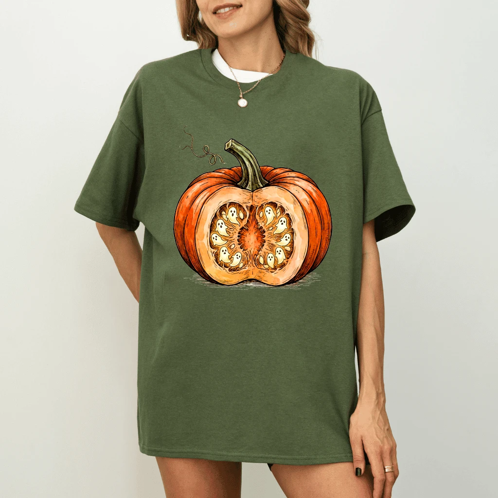 Funny Boo Pumpkin Pulp Halloween Pumpkin T-shirt| Cute Spooky Season Gift for Her - detail view