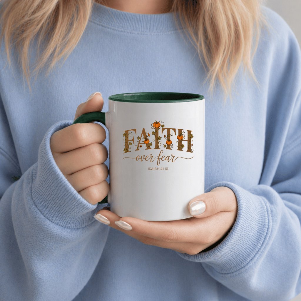 Faith Over Fear Pumpkin Patch Accent Mug| Cute Fall Christian Gift for Her - detail view