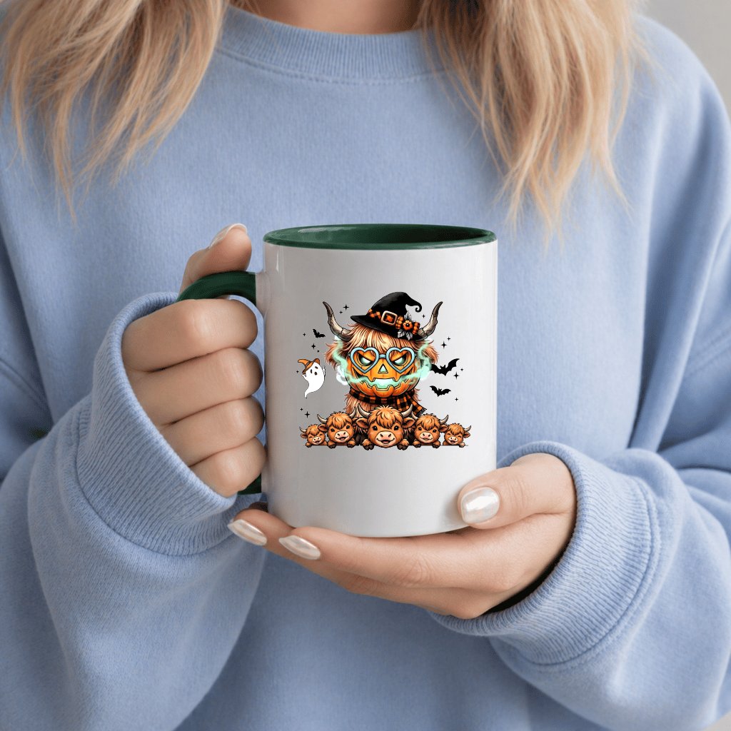 Spooky Halloween Highland Cow Witch Accent Mug| Spooky Season Gift for Cow Lovers - detail view