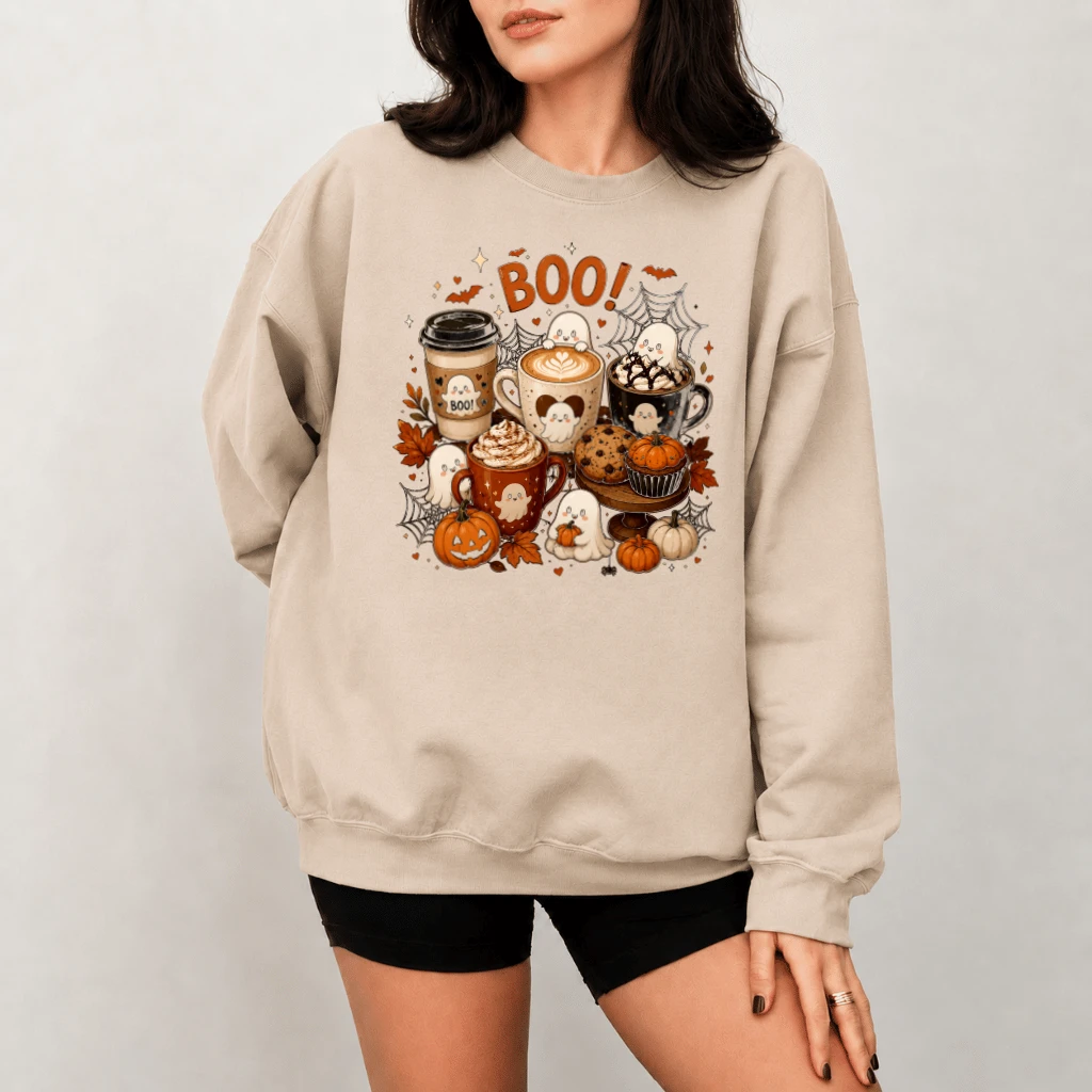 Happy Fall Y'all Halloween Boo with Coffee Weather Sweatshirt| Funny Halloween Gift for Fall Coffee Lovers - back view