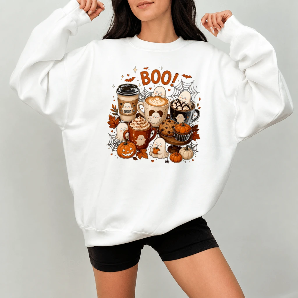 Happy Fall Y'all Halloween Boo with Coffee Weather Sweatshirt| Funny Halloween Gift for Fall Coffee Lovers - detail view