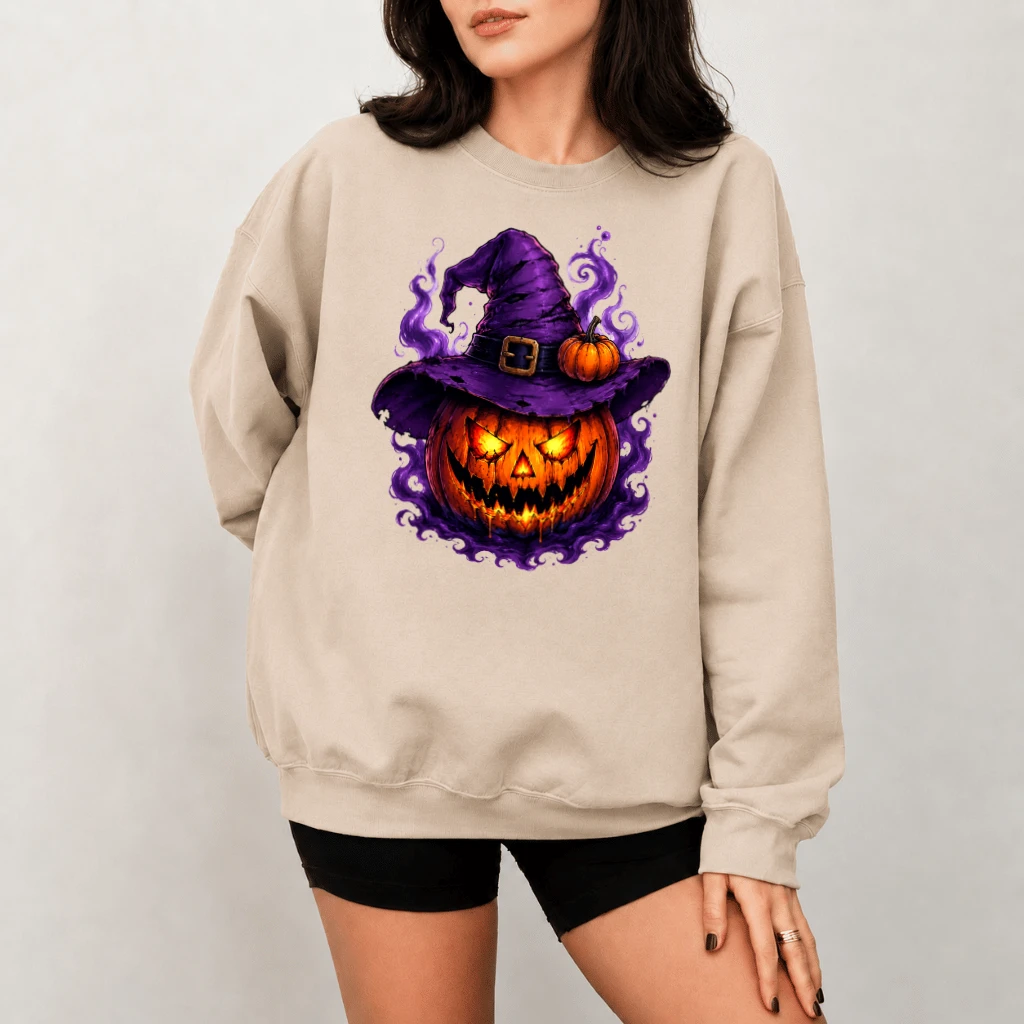 Spooky Witch Hat Jack O Lantern Halloween Sweatshirt| Scary Halloween Season Gift for women - back view