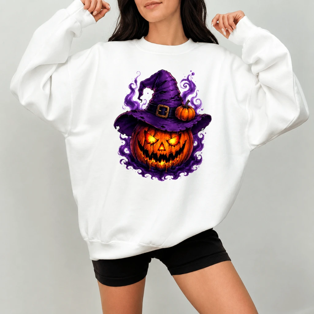 Spooky Witch Hat Jack O Lantern Halloween Sweatshirt| Scary Halloween Season Gift for women - detail view
