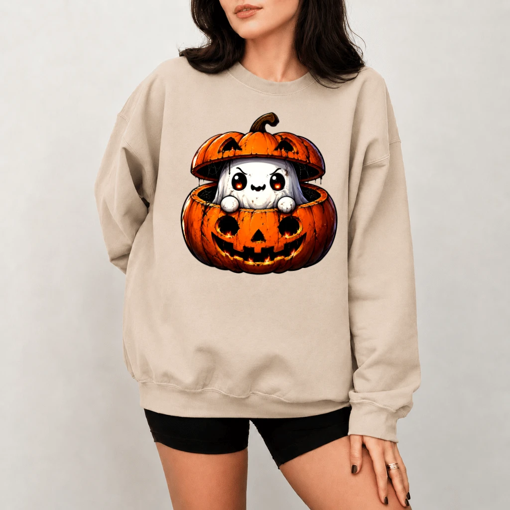 Cute Ghost in Jack O Lantern Halloween Sweatshirt| Spooky Fall Pumpkin Costume Gift for Her - back view