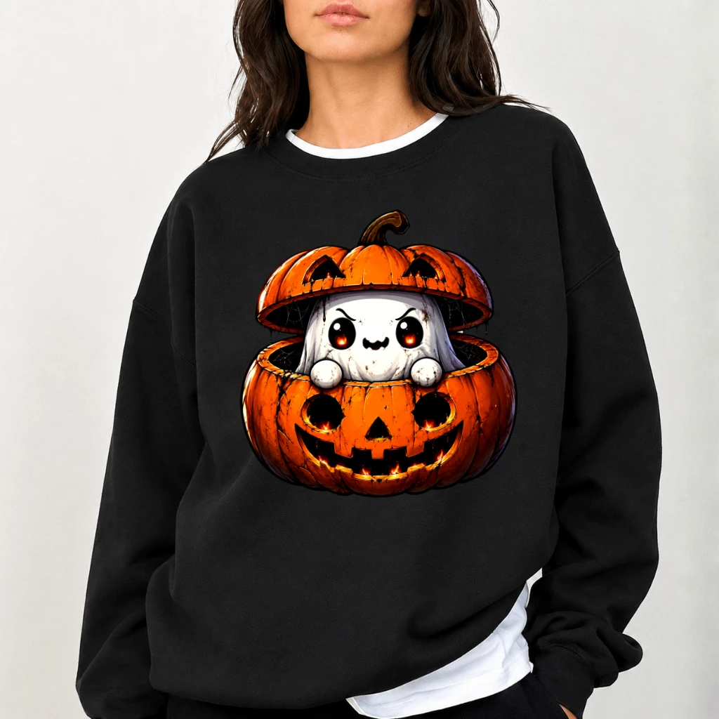 Cute Ghost in Jack O Lantern Halloween Sweatshirt| Spooky Fall Pumpkin Costume Gift for Her - detail view
