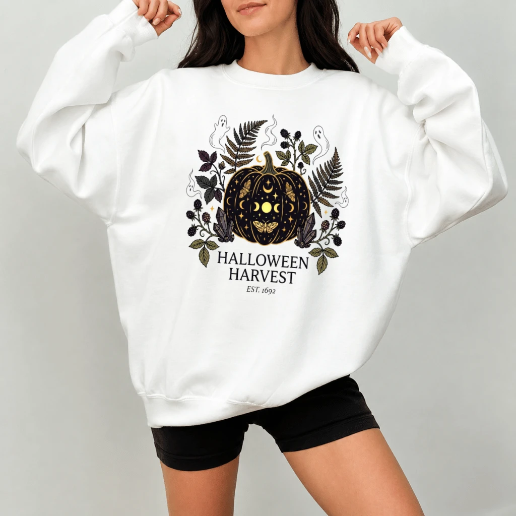 Vintage Spooky Autumn Halloween Harvest Pumpkin Sweatshirt for women - back view