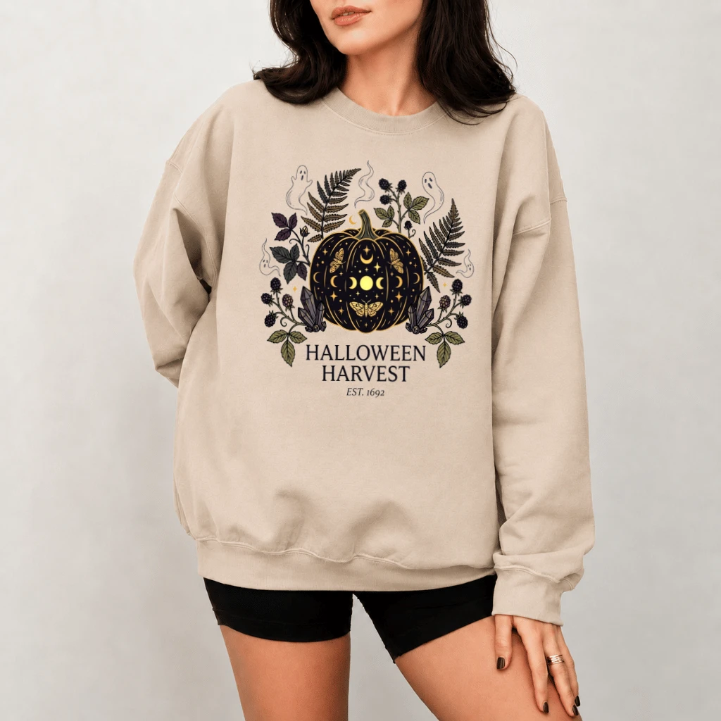 Vintage Spooky Autumn Halloween Harvest Pumpkin Sweatshirt for women - detail view