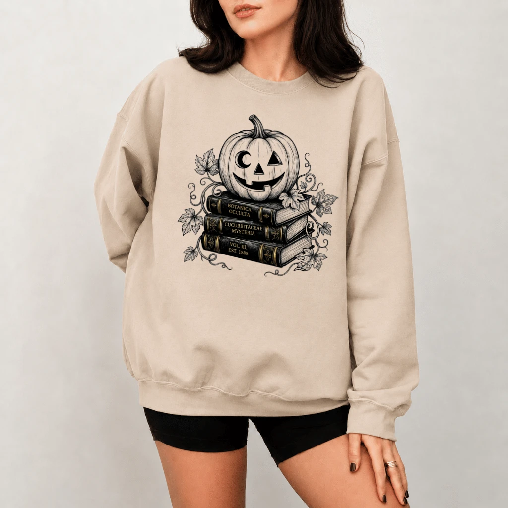 Pumpkin on Vintage Spell Books Sweatshirt| Halloween Witch Library Gift for Book Lovers - back view
