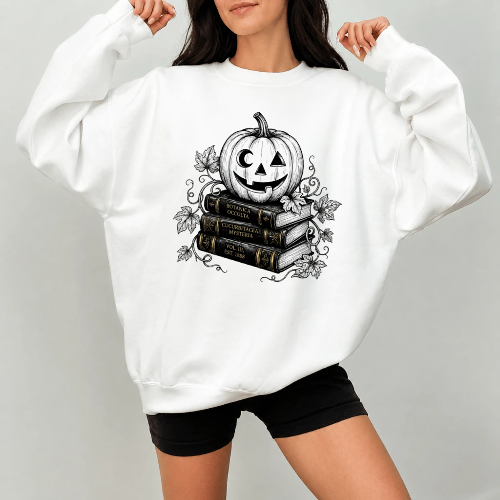 Pumpkin on Vintage Spell Books Sweatshirt| Halloween Witch Library Gift for Book Lovers - detail view