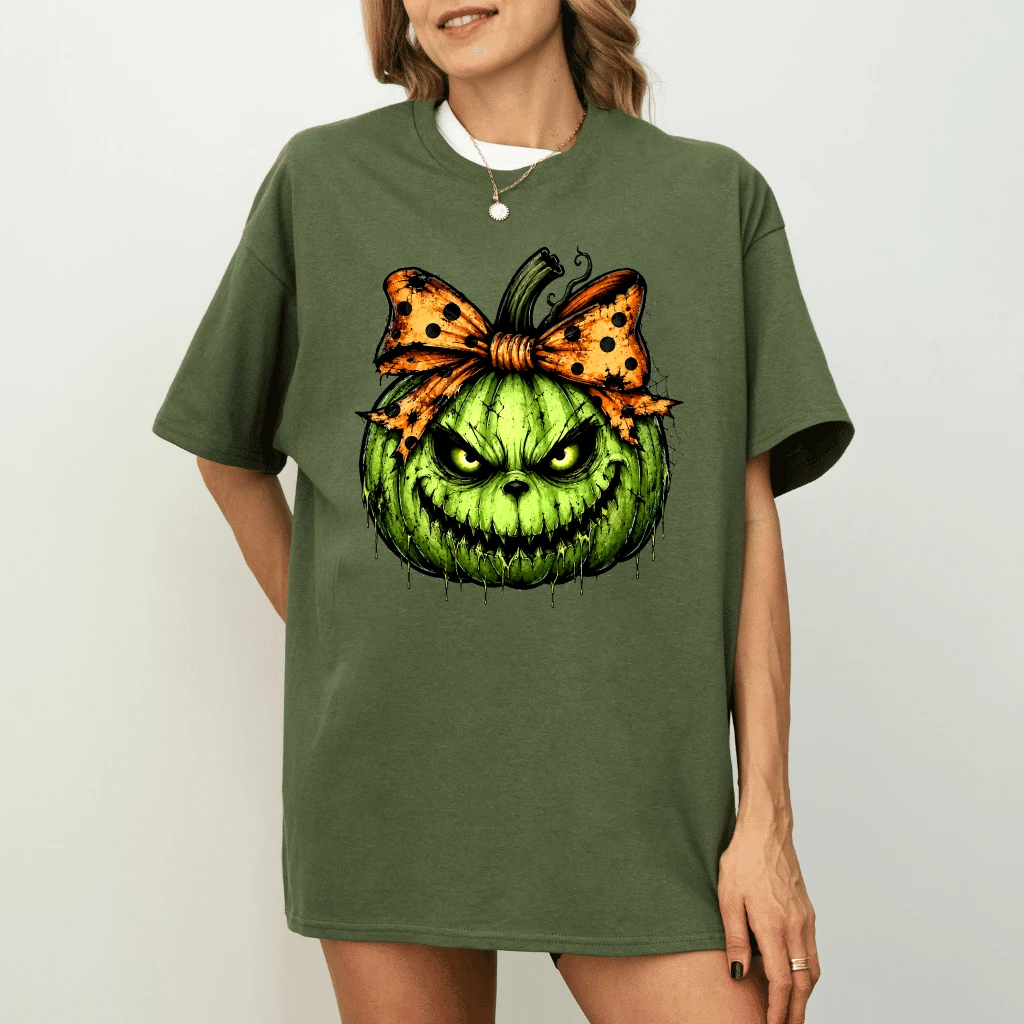 Coquette Bow Spooky Green Pumpkin T-shirt| Creepy Halloween Pumpkin Gift for Her - back view